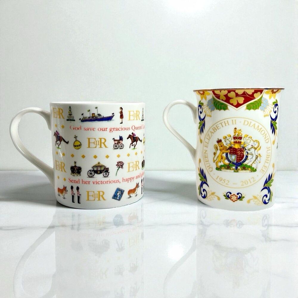 QUEEN Elizabeth Diamond Jubilee 2 bone china mugs Royal Worcester Milly Green